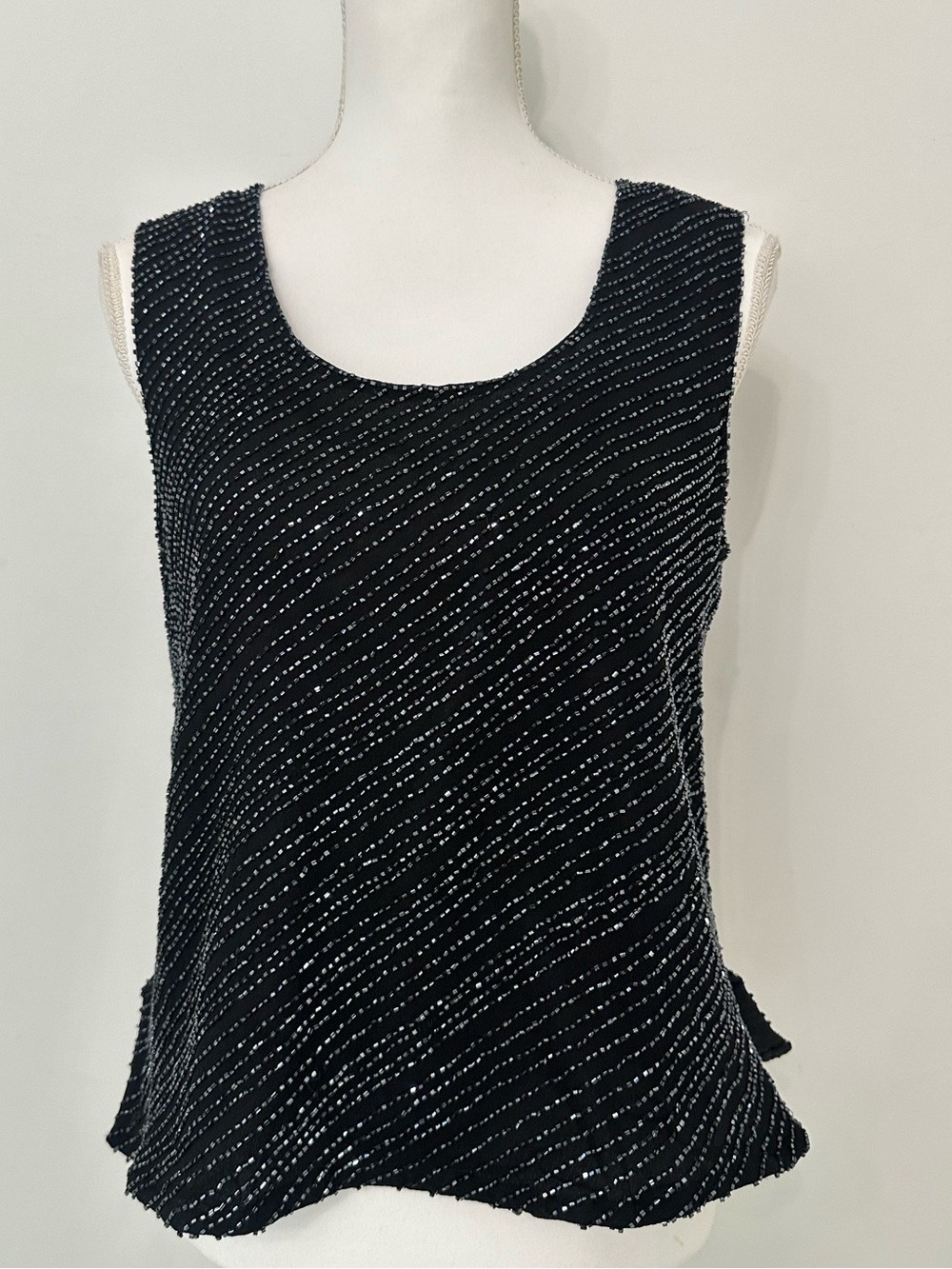 Papell Boutique Black Beaded Diagonal-Stripe Tank